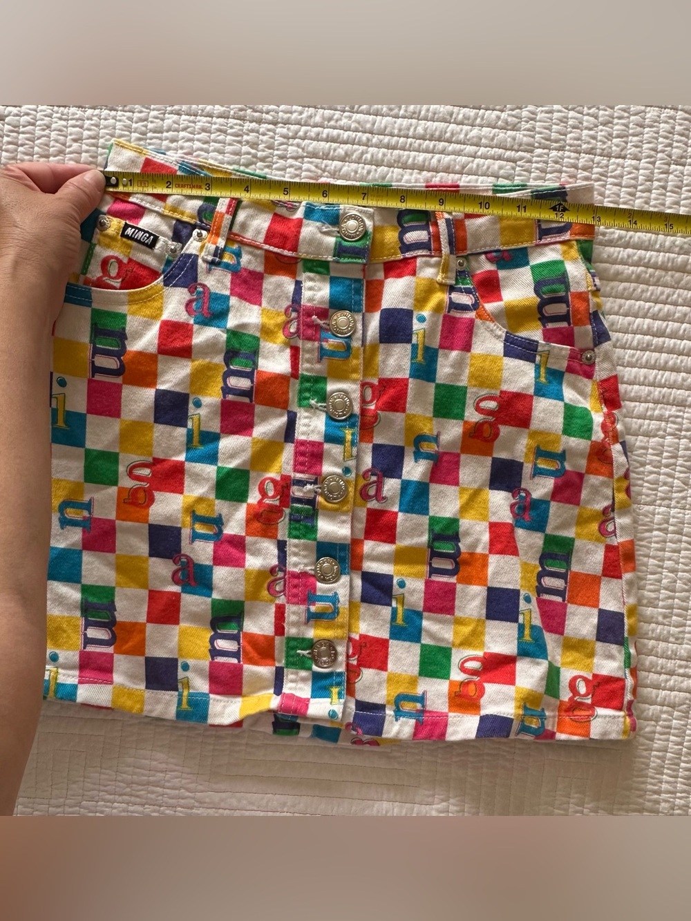 Minga London Women’s Rainbow Check Mini Skirt Size 2 USA Button Front Multicolor - Picture 6 of 9